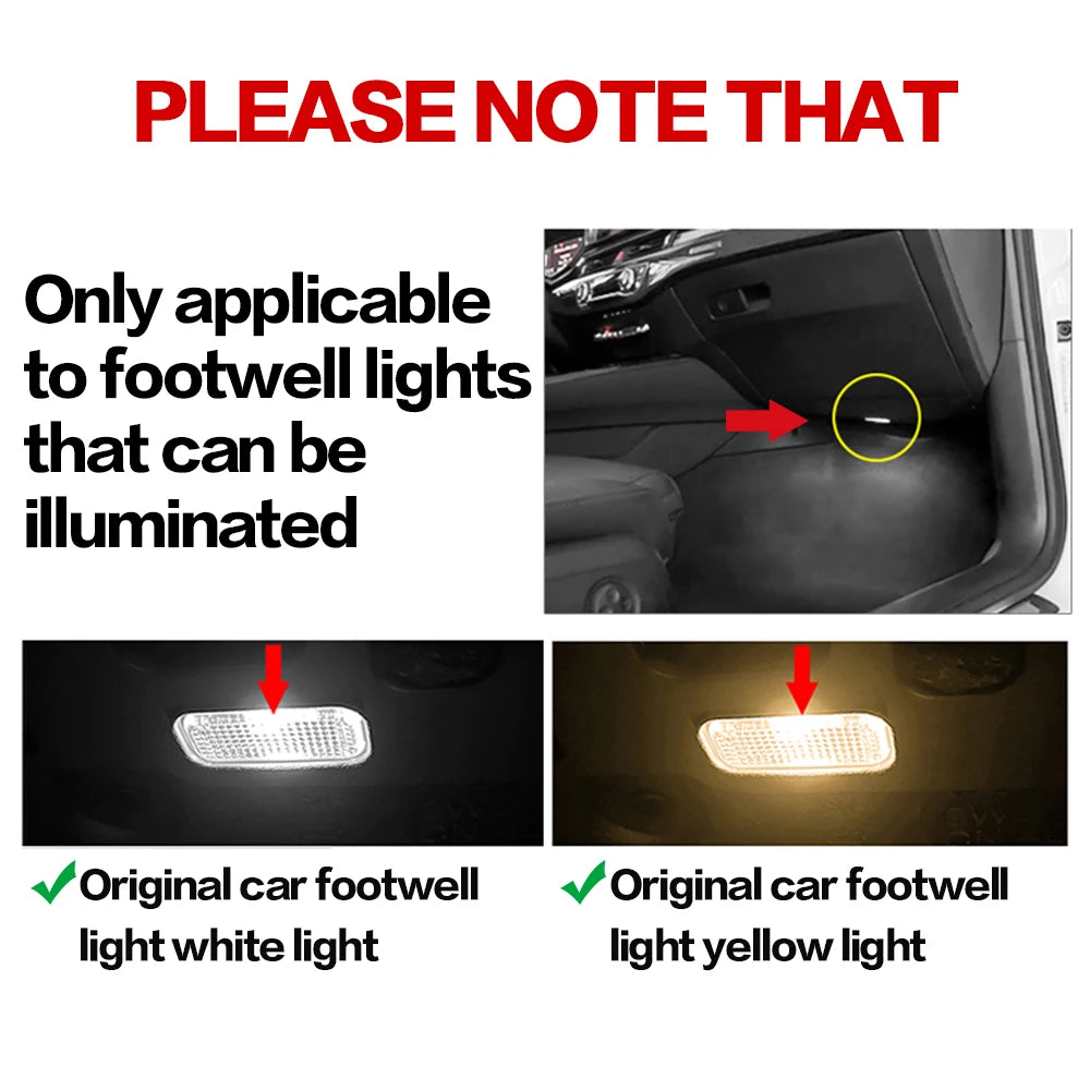 Gros plan sur le plancher de voiture montrant l'éclairage des sources lumineuses blanches et jaunes originales.