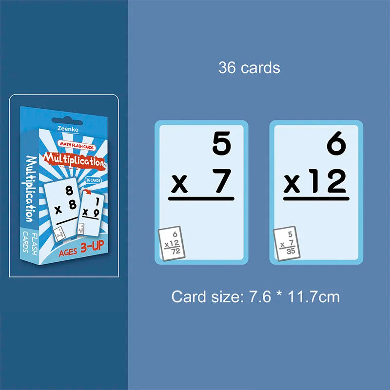 A set of 36 multiplication flash cards showing various multiplication problems like 5x7 and 6x12.