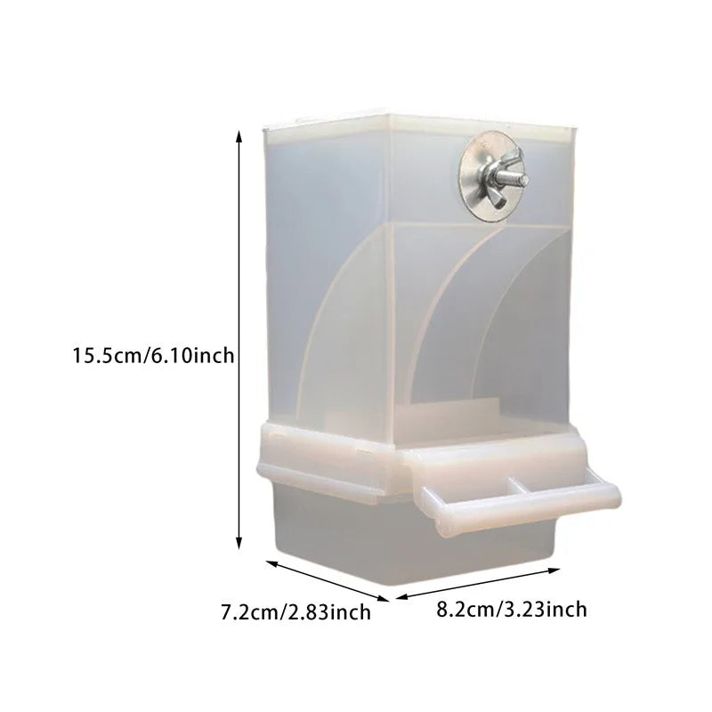 Clear acrylic no-mess bird feeder and waterer with a dome top and feeding tray.