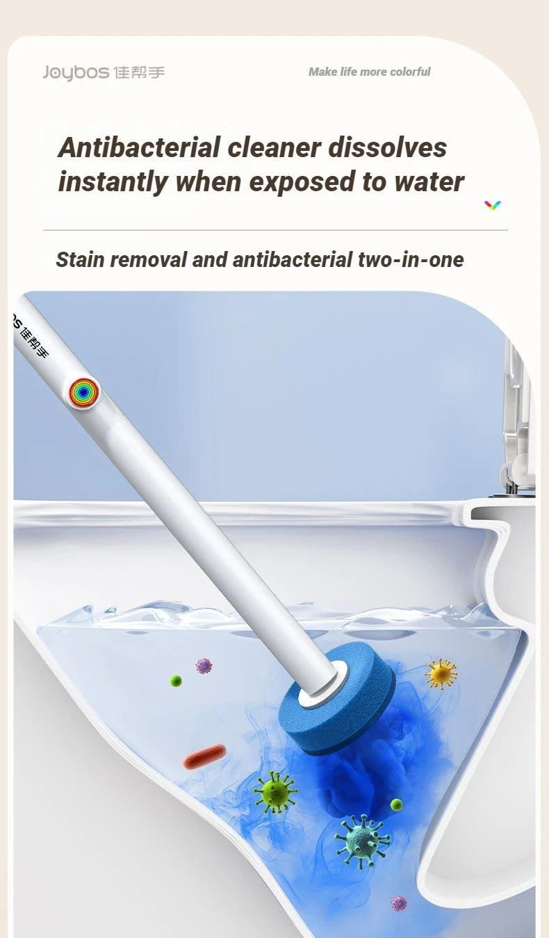 A white wall-mounted disposable toilet brush is shown dipping into water, dissolving stains and bacteria.