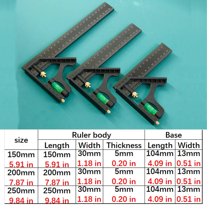 A set of black carpenter squares with angle levels and protractors shown against a teal background.