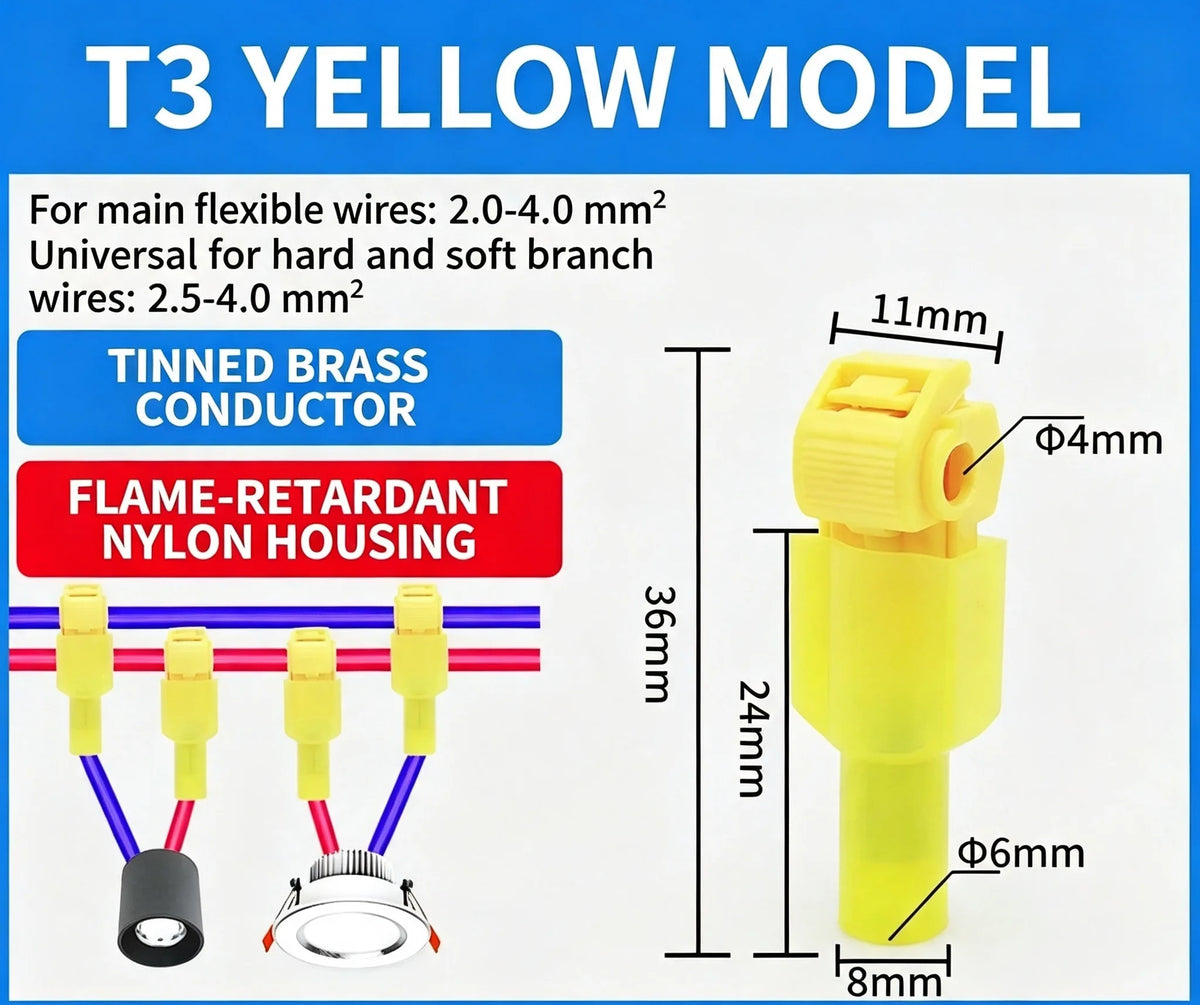 Yellow T3 model wire connectors featuring tinned brass conductors and flame-retardant nylon housing.