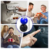 A hand presses a start button cover on a car, with a billiard ball style sticker visible.