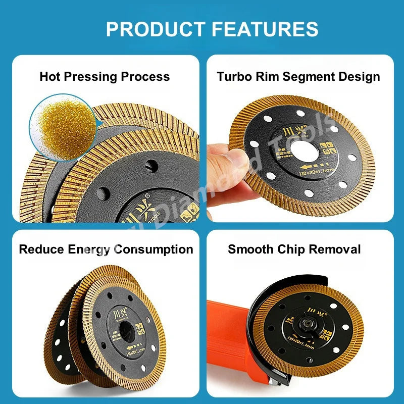 Product features showing hot pressing process, turbo rim segment design, energy reduction, and smooth chip removal of a diamo
