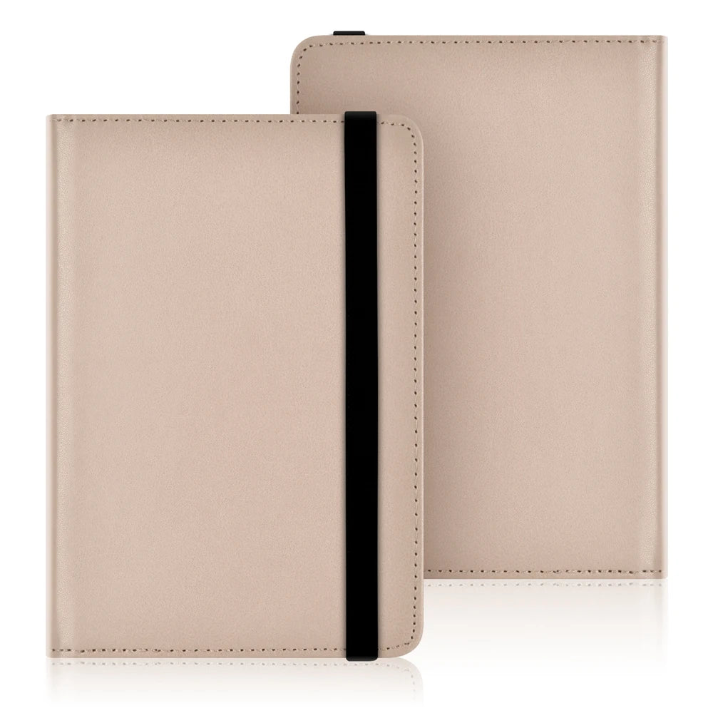 A light beige universal e-reader case with a black strap shown in a vertical view.