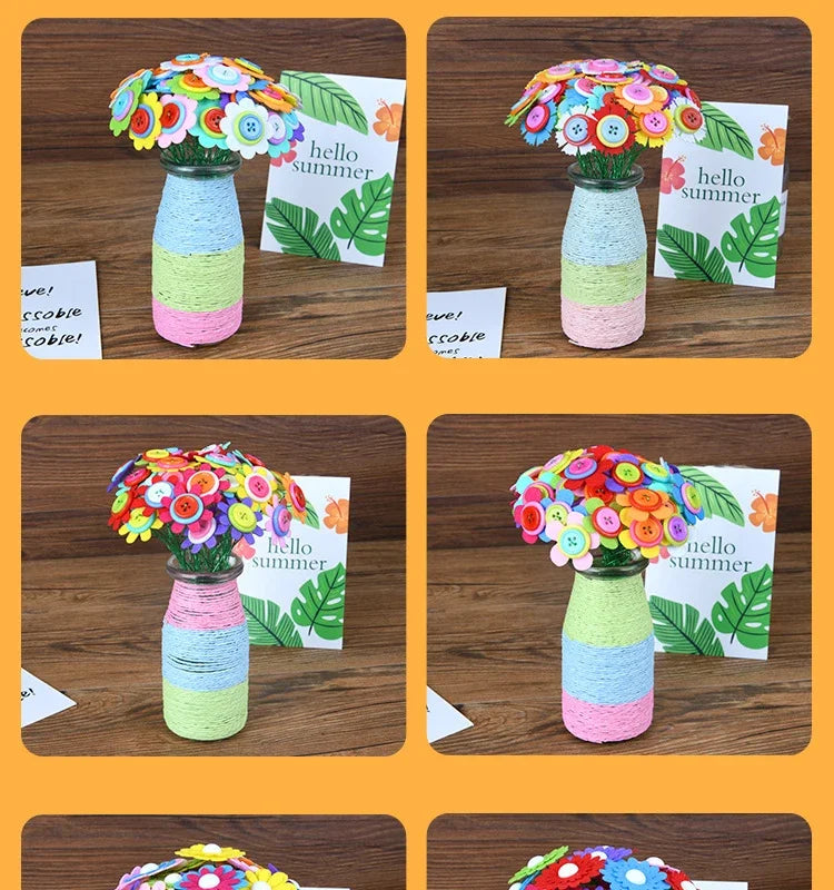 A set of colorful felt flowers and buttons used to create a DIY bouquet for children.