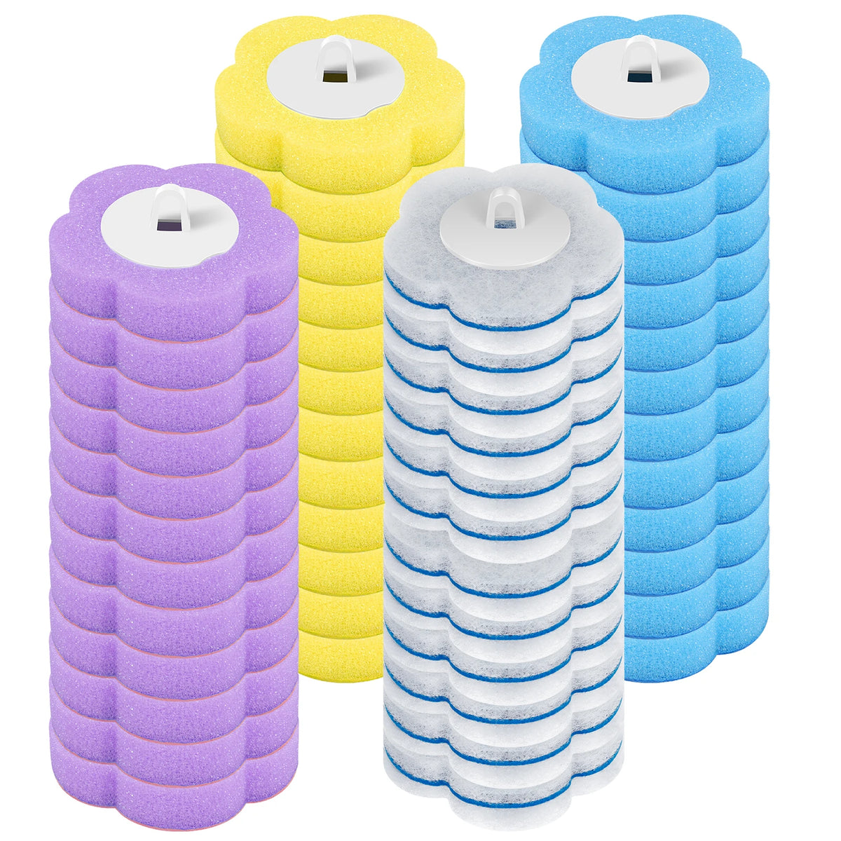 Three disposable toilet brush kits in purple, yellow, and blue with auto-open holders.