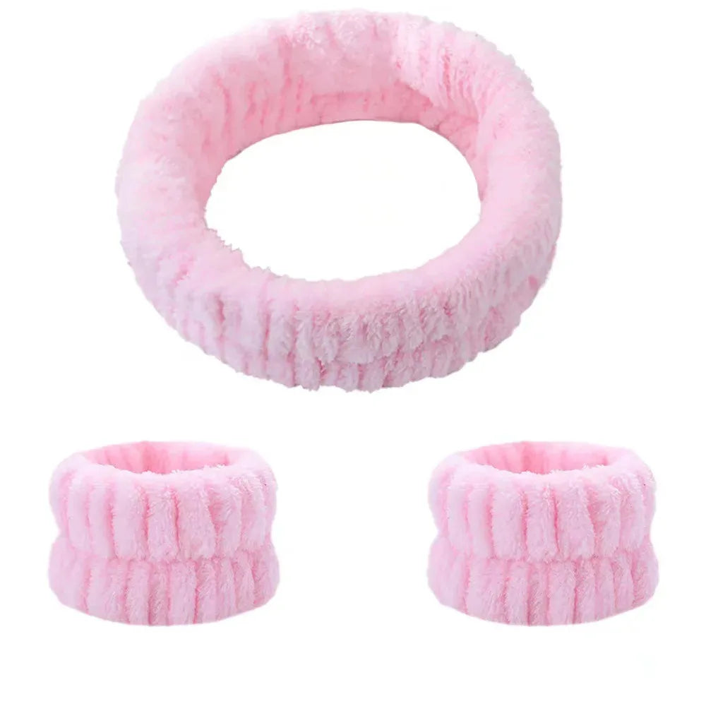 Pink fuzzy wrist washing bands or face-saving cuffs for cleaning and absorption