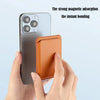 A hand holds a magnetic leather wallet case with a kickstand for an iPhone, demonstrating instant bonding.