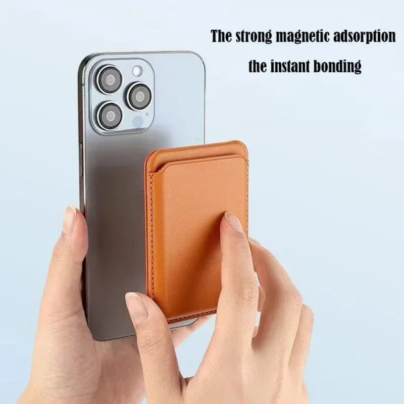A hand holds a magnetic leather wallet case with a kickstand for an iPhone, demonstrating instant bonding.