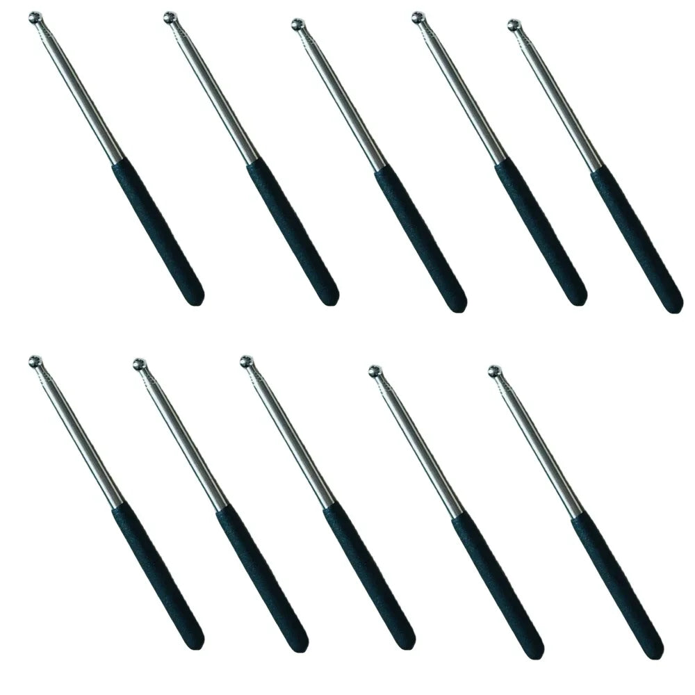A set of five stainless steel telescopic teacher pointers with black grips.
