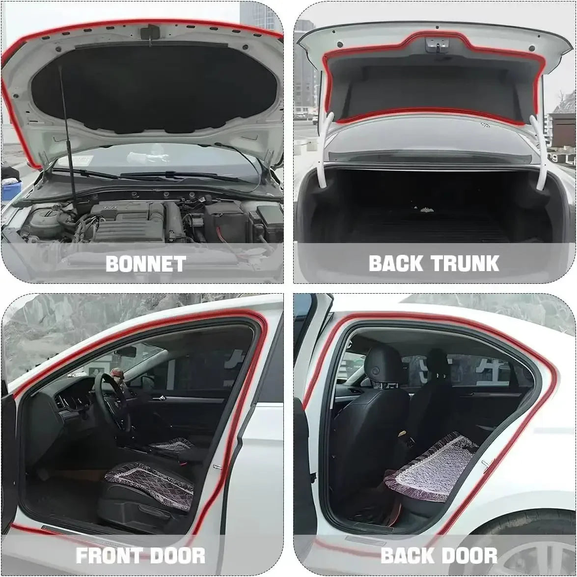Blick auf die Motorhaube, die Heckklappe, die vordere und hintere Tür eines Autos mit Gummidichtungsstreifen.