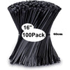 A stack of 100 black nylon cable ties, measuring 16 inches long, for organizing and securing cables.