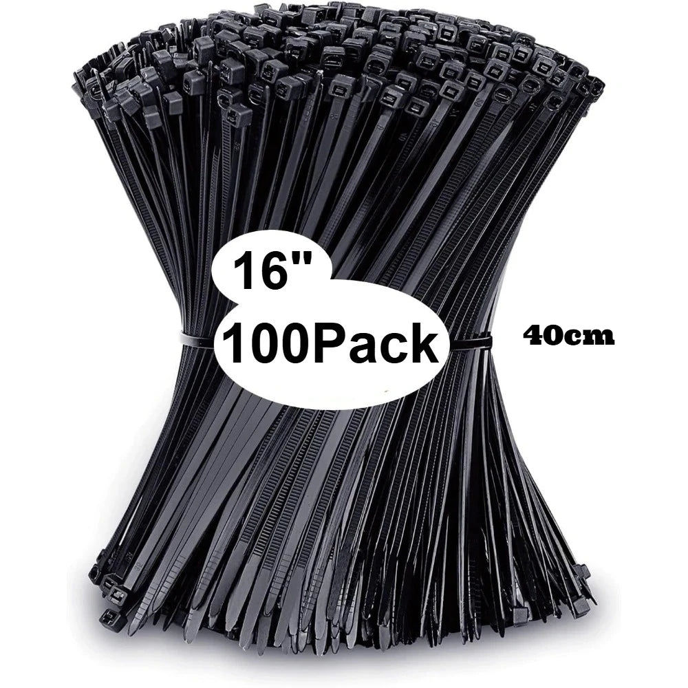 A stack of 100 black nylon cable ties, measuring 16 inches long, for organizing and securing cables.