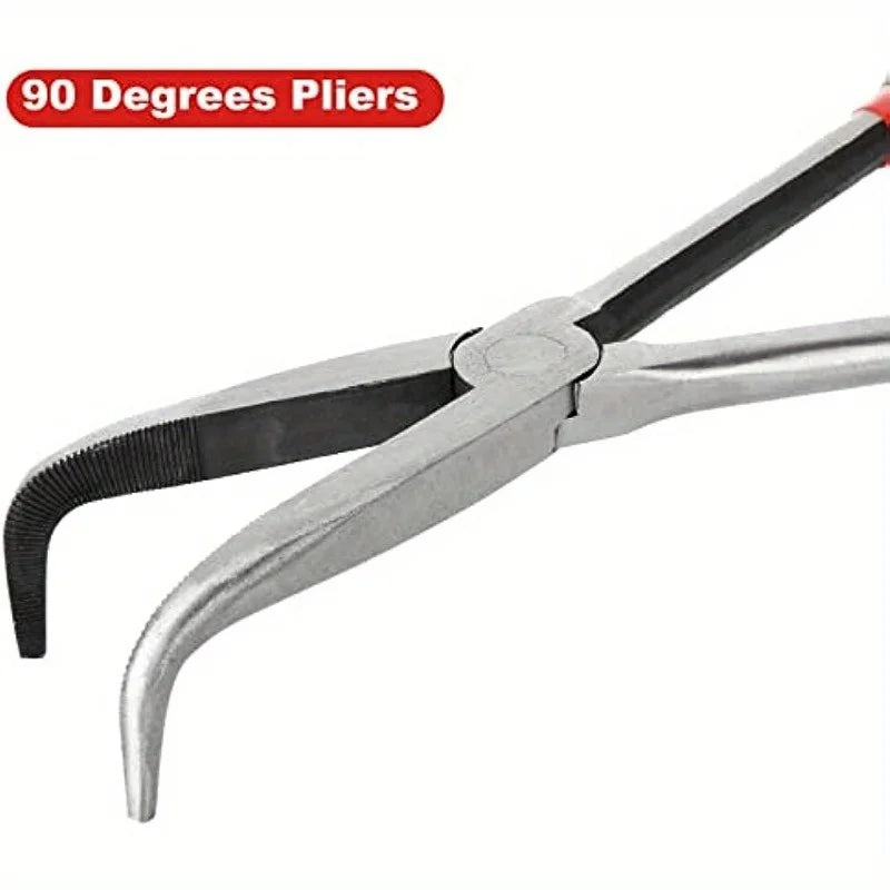 A pair of silver pliers with 90-degree angled tips shown against a white background.