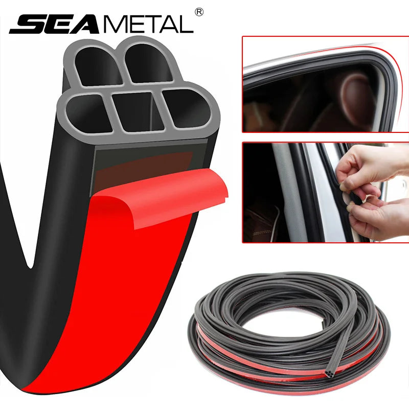 A black and red double-layer self-adhesive car door seal strip, shown in various forms including a profile view and a coiled 