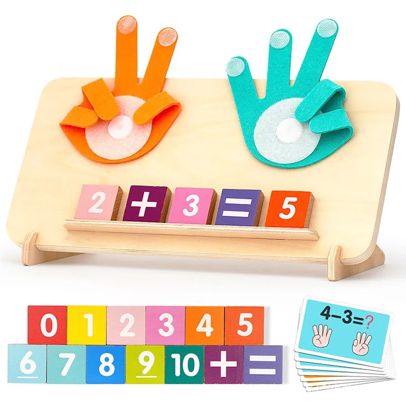 Montessori wooden counting toy featuring number blocks, fingers, and activity cards for toddlers
