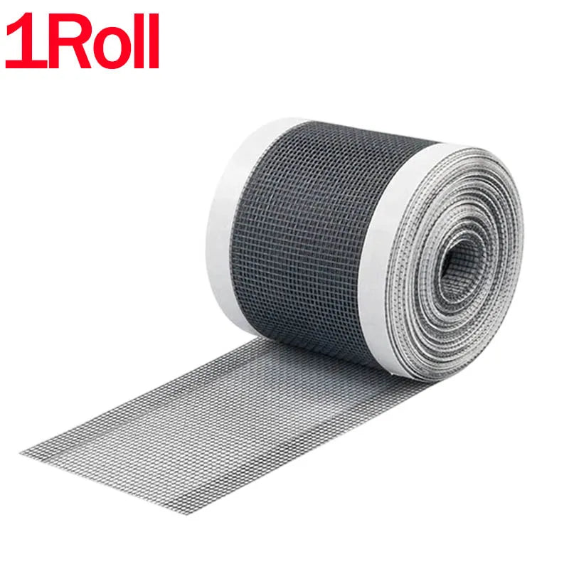Roll of gray mesh window screen repair tape with a white outer layer