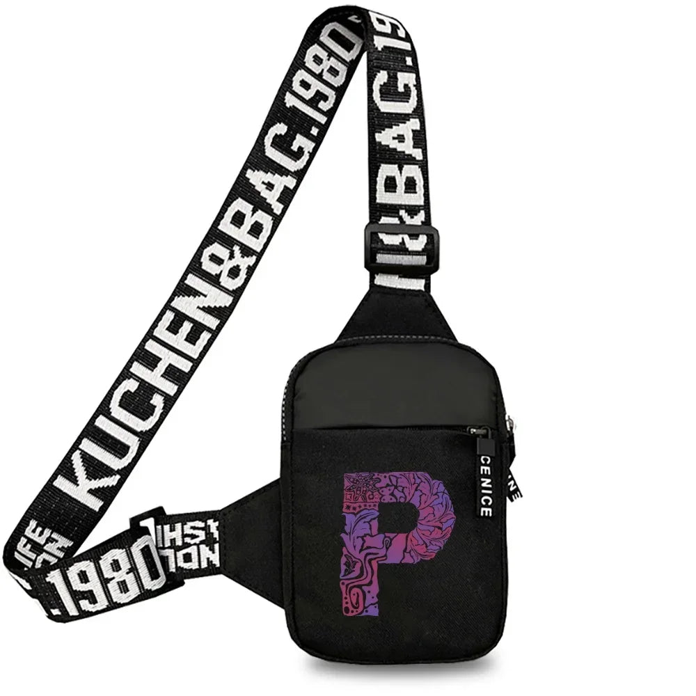 Black canvas chest bag with a wide strap featuring the text KUCHEN&BAG.1980