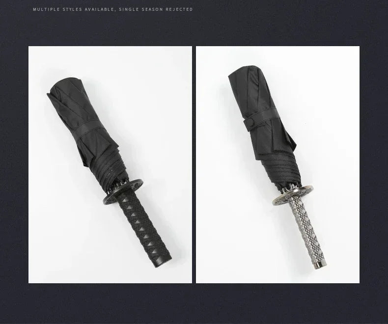 A black Demon Slayer katana umbrella with a textured handle and a silver-colored blade is shown against a white background.