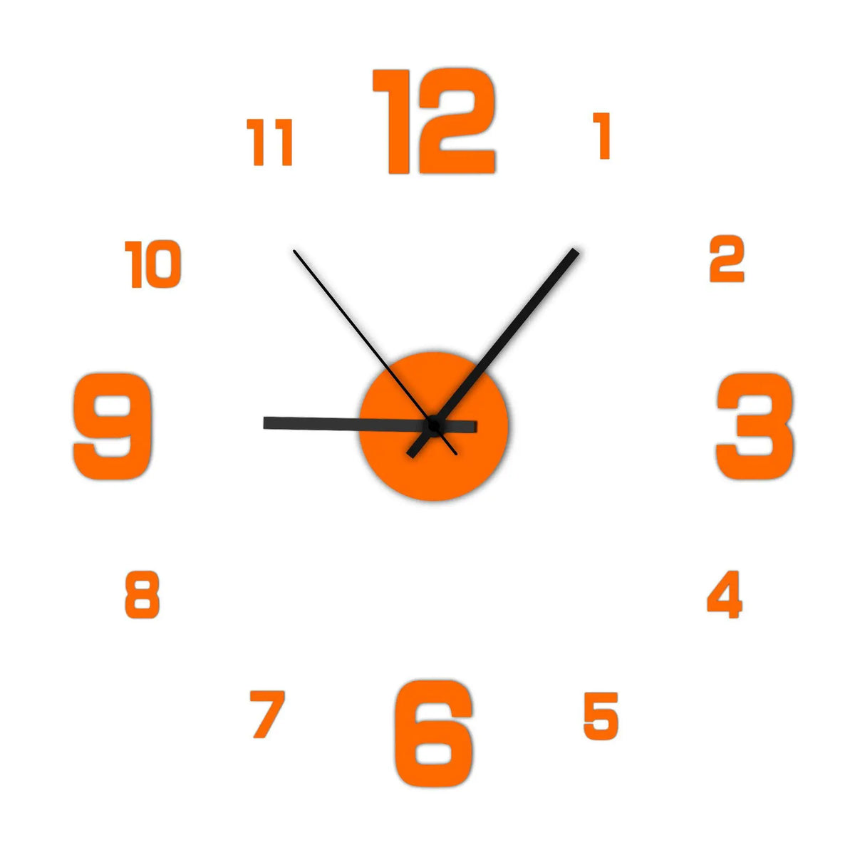 A round orange analog clock face with black hands showing the time.