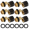 A set of black and brass 3/4-inch garden hose quick connectors and hose end caps.