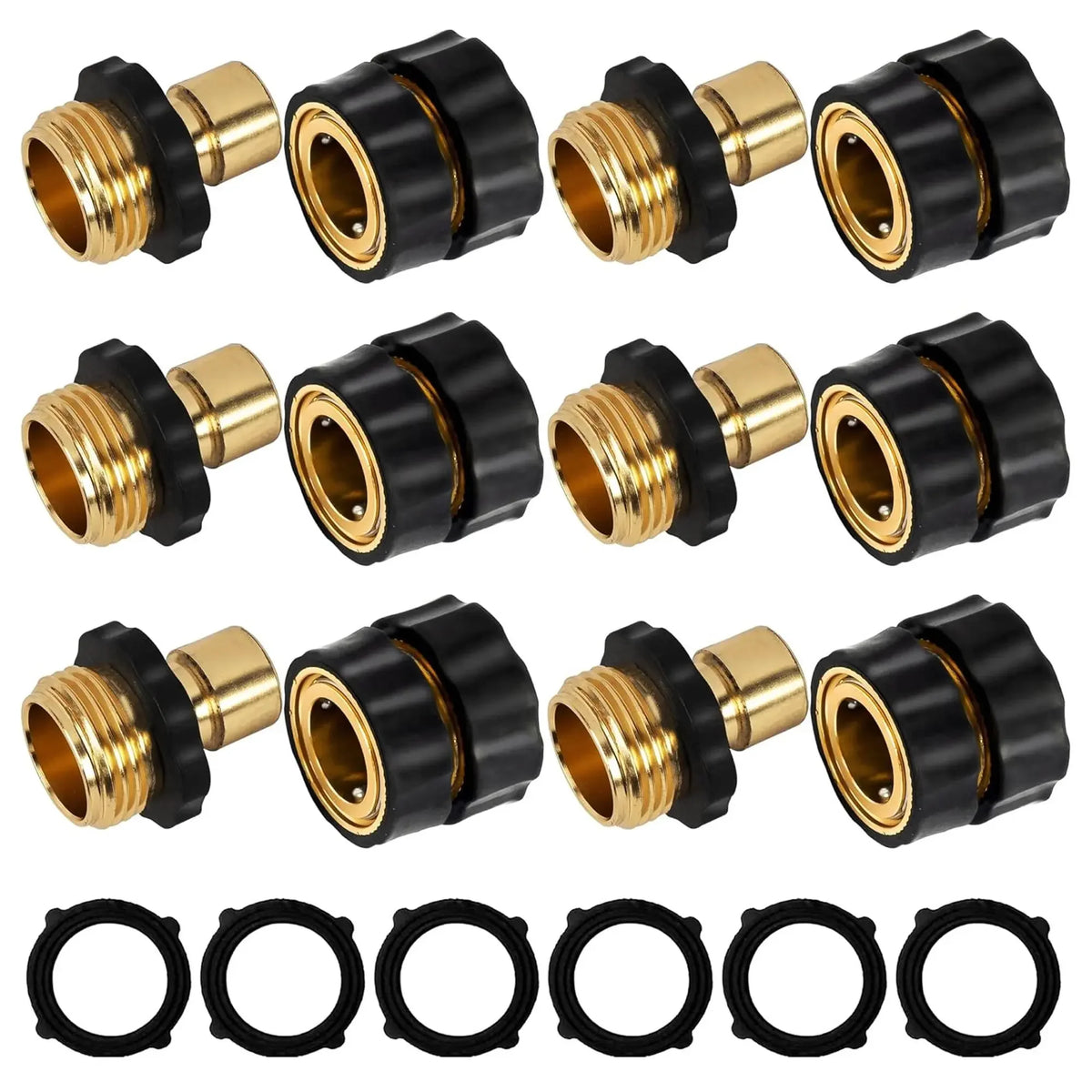 A set of black and brass 3/4-inch garden hose quick connectors and hose end caps.