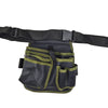 Black and olive green heavy-duty tool waist bag with multiple pockets attached to a black strap.