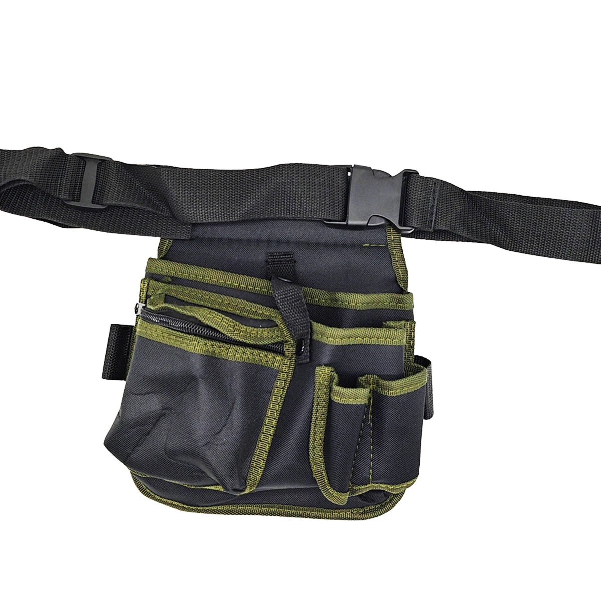 Black and olive green heavy-duty tool waist bag with multiple pockets attached to a black strap.