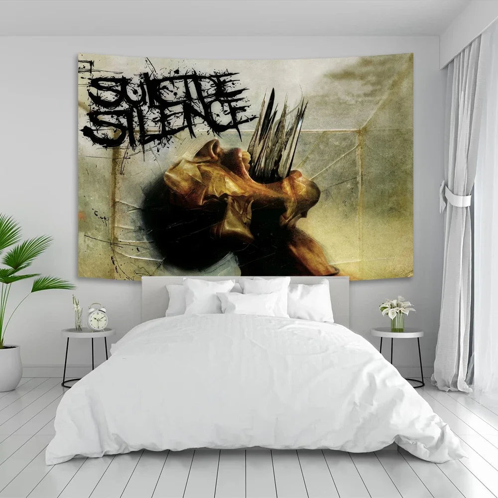 A tapestry featuring the Suicide Silence logo in black and white grunge style, displayed above a white bed.