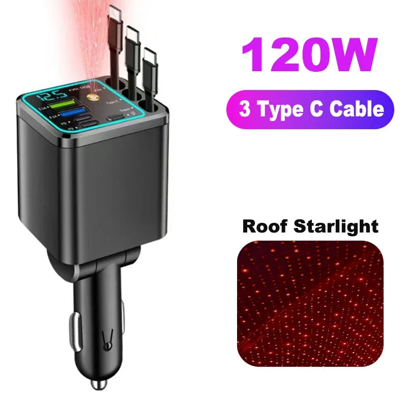 7-in-1 120W Car Charger with Retractable Cables and Digital Voltmeter