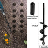 A black garden auger drill bit with a 9-inch shaft and 1.6-inch tip shown next to a hexagonal driver fit.