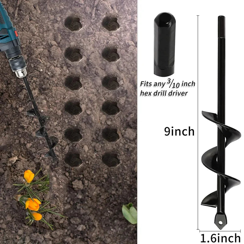 A black garden auger drill bit with a 9-inch shaft and 1.6-inch tip shown next to a hexagonal driver fit.