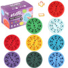 A set of nine colorful math fidget spinners for multiplication and division practice, including red, green, yellow, and blue 