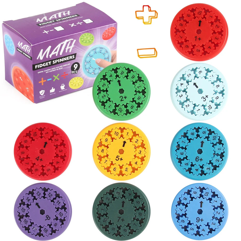 A set of nine colorful math fidget spinners for multiplication and division practice, including red, green, yellow, and blue 