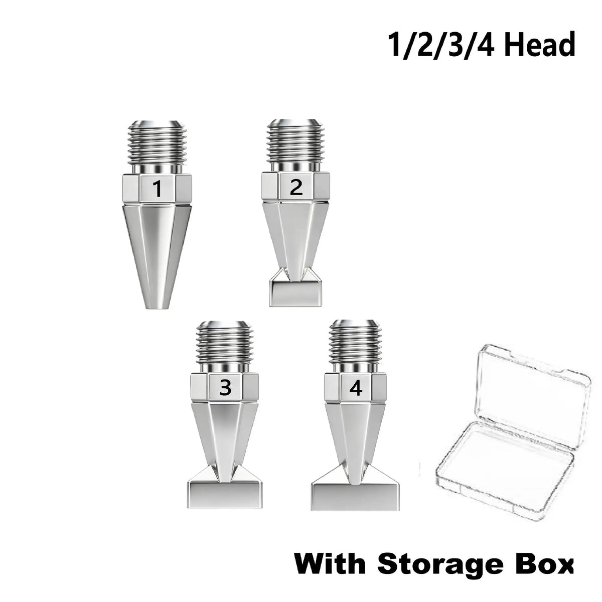 A set of four stainless steel diamond painting pen tips with screw-on handles and a storage box.