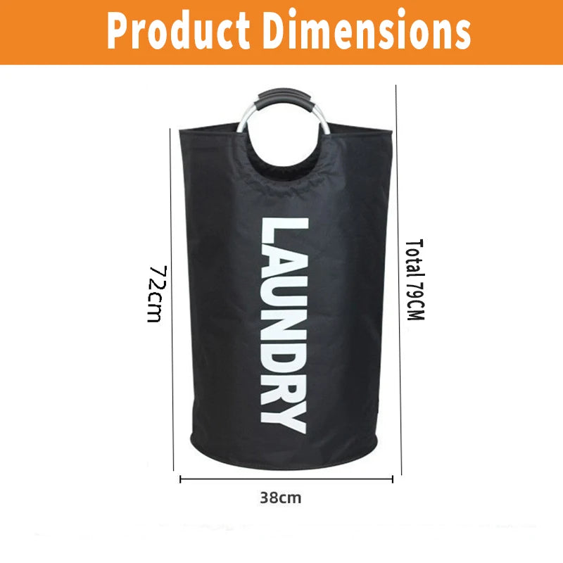 Black extra-large waterproof laundry basket shown with dimensions 72cm high and 38cm wide.