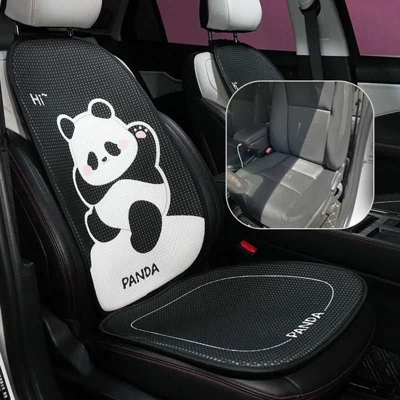 Black car seat cover set featuring a panda design on the headrest pillow and matching seat cover.