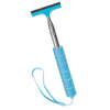 A telescopic window cleaning squeegee with an adjustable handle in light blue and silver.