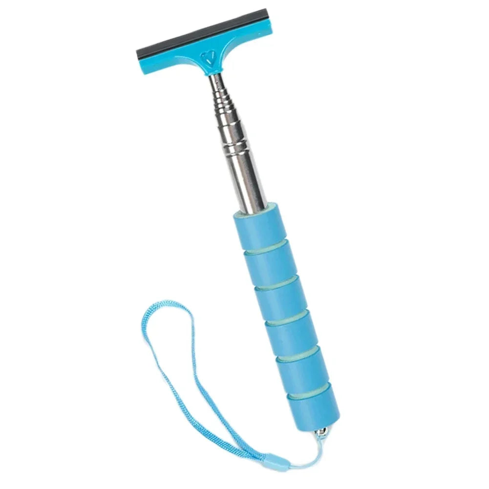 A telescopic window cleaning squeegee with an adjustable handle in light blue and silver.