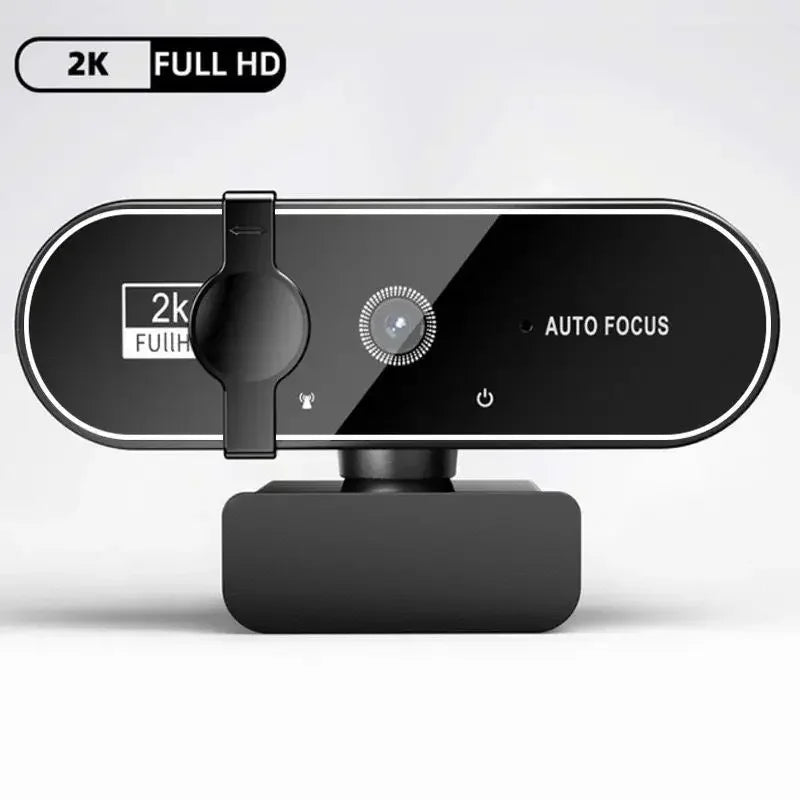 A black 2K Full HD webcam with an auto focus feature and built-in microphone is shown on a white background.