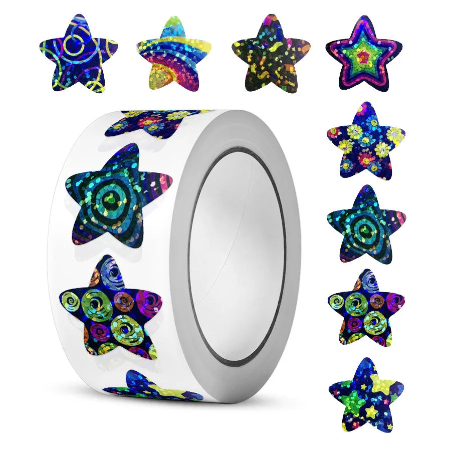 A roll of 500 glitter star stickers featuring various colorful, sparkling designs for crafts and gifts.