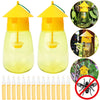 A yellow fruit fly trap kit with a glass jar and pheromone lure, shown alongside dropper vials.