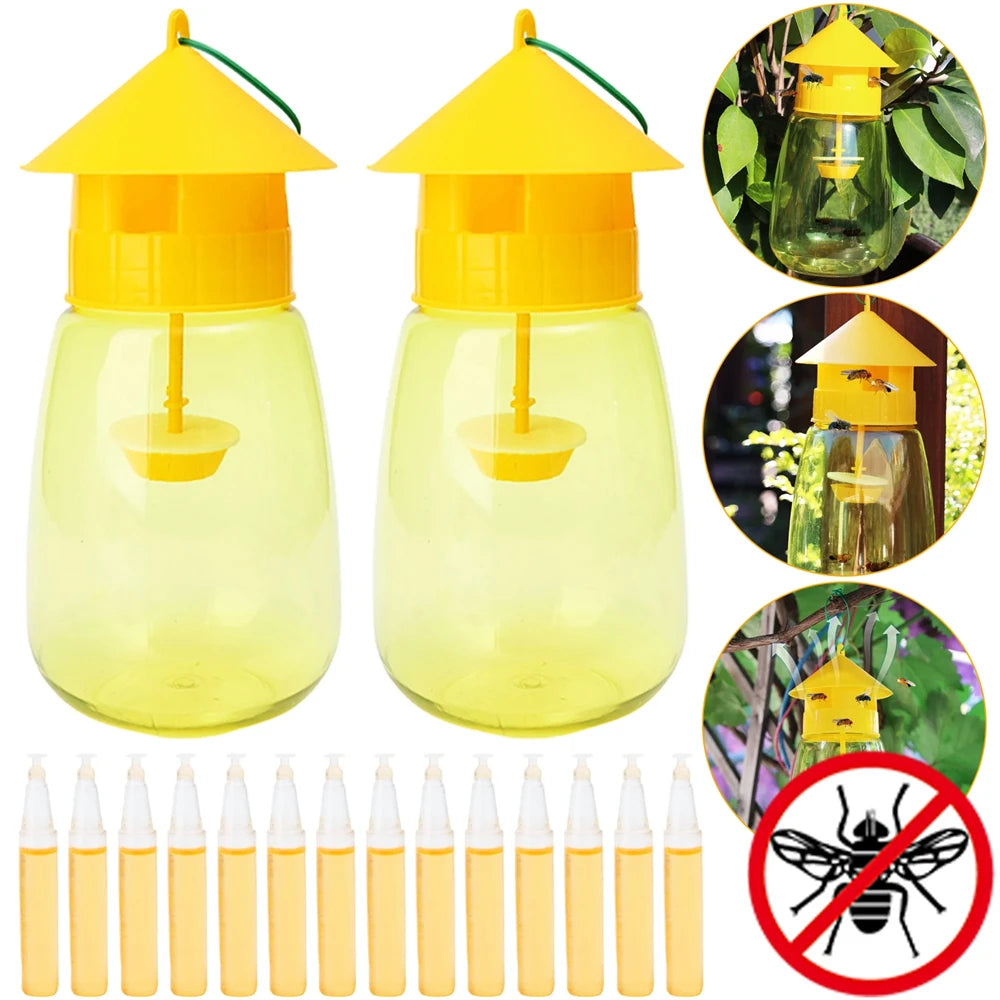 A yellow fruit fly trap kit with a glass jar and pheromone lure, shown alongside dropper vials.