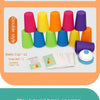A set of colorful stack cups and question cards for a Montessori style brain opening game.