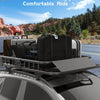A black heavy-duty roof rack cargo basket is mounted on a vehicle, set against a scenic outdoor backdrop.