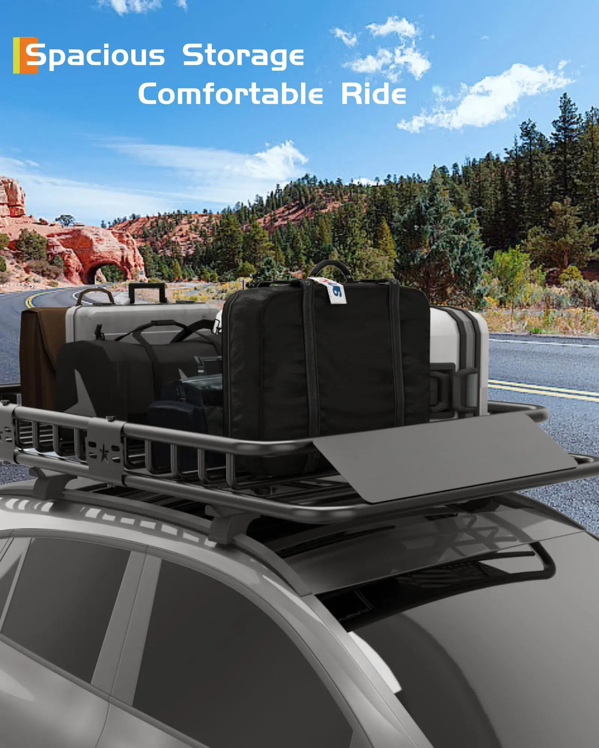 A black heavy-duty roof rack cargo basket is mounted on a vehicle, set against a scenic outdoor backdrop.