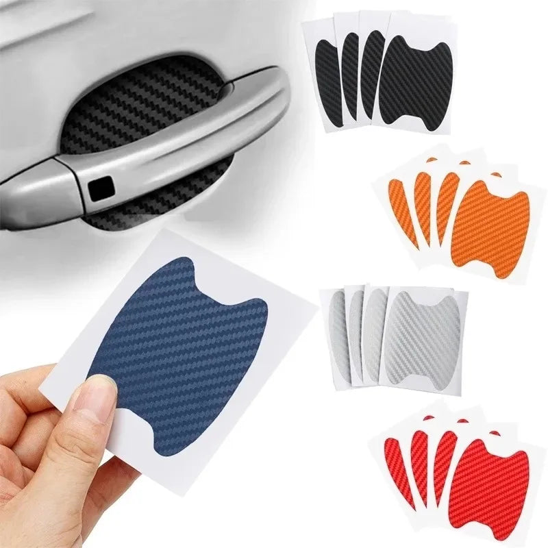 A set of carbon fiber door handle protector films in various colors, including black, orange, and blue, shown next to a metal