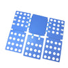 A blue magic clothes folding board with multiple square and rectangular compartments for organizing shirts.