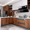 Modern kitchen cabinetry featuring wood grain cabinets and white countertops with stainless steel appliances.